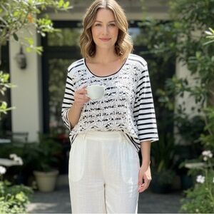 Boho Chic Striped Black &White Lace Blouse 95% Cotton M Cottagecore Feminine